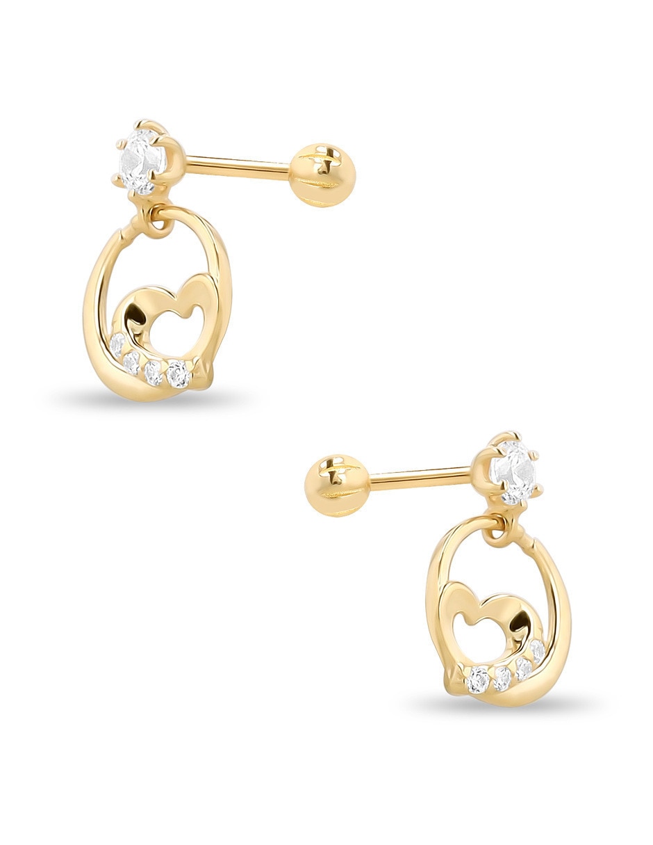 Aretes cortos de corazón de oro 10 K con acabado brillante zirconia 4