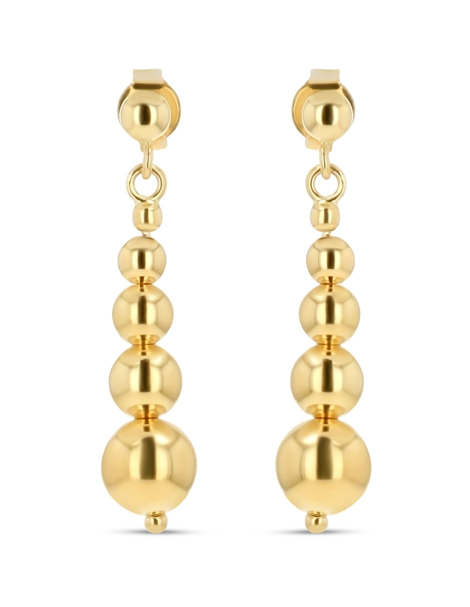 Aretes largos de esfera de oro rosa 14 K con acabado brillante