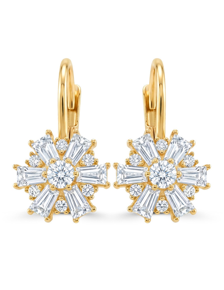 Aretes cortos de Flor de oro rosa 14 K con acabado brillante zirconia Aretes cortos de Flor de oro rosa 14 K con acabado brillante zirconia