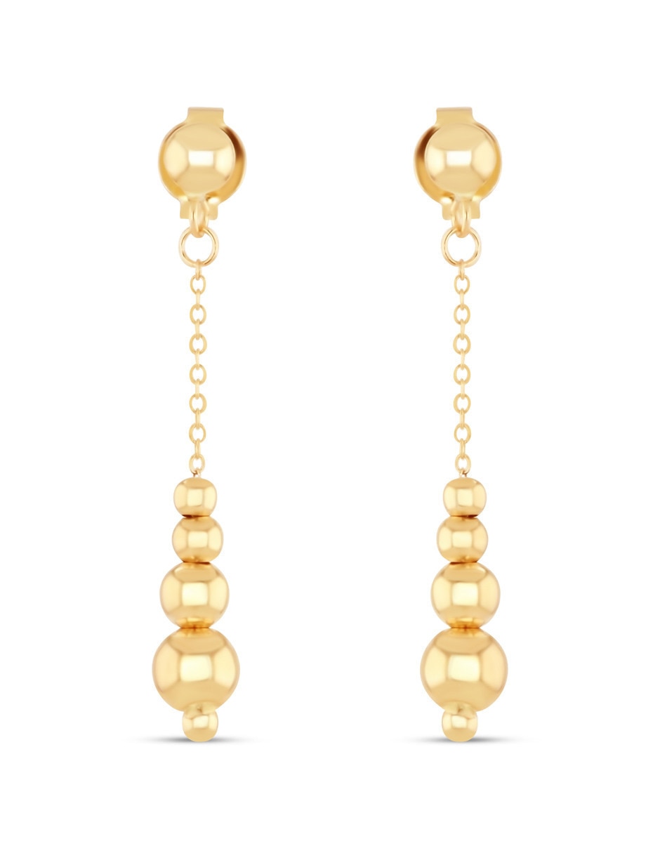 Aretes largos de esferas de oro rosa 14 K con acabado brillante