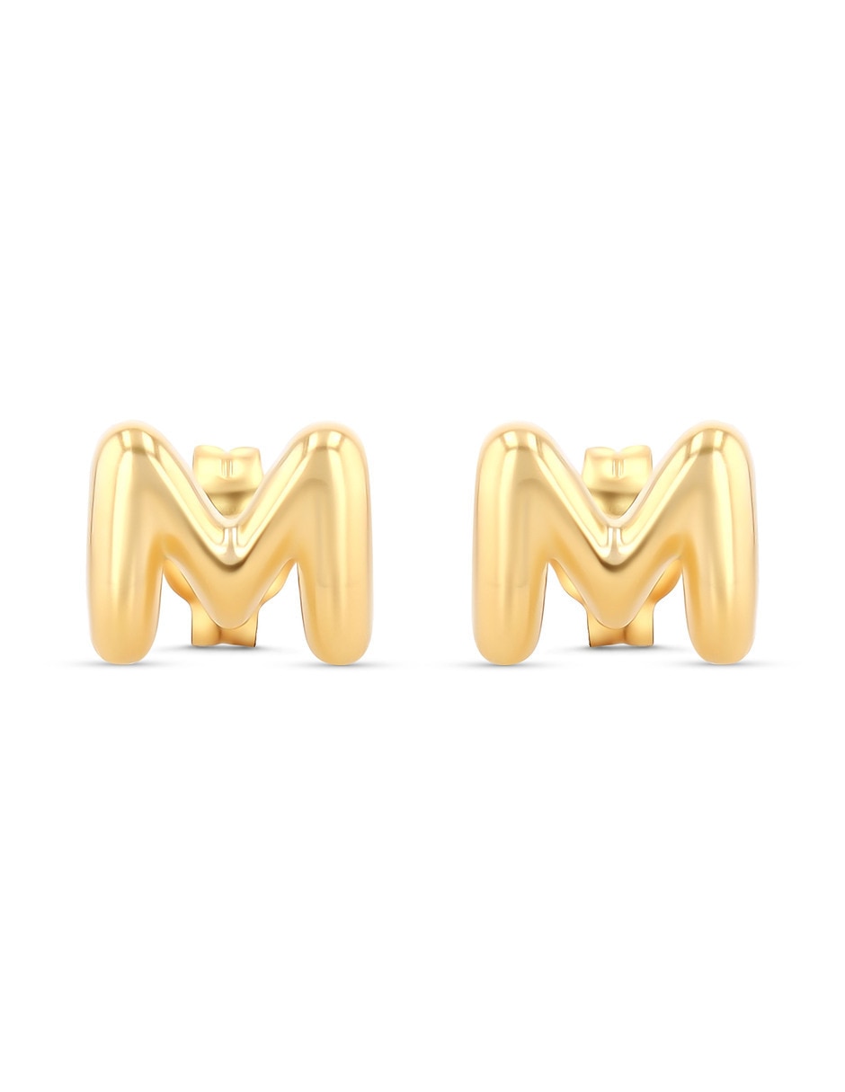Aretes cortos de Letra M Joyerias Bizzarro de oro rosa 10 K con acabado brillante