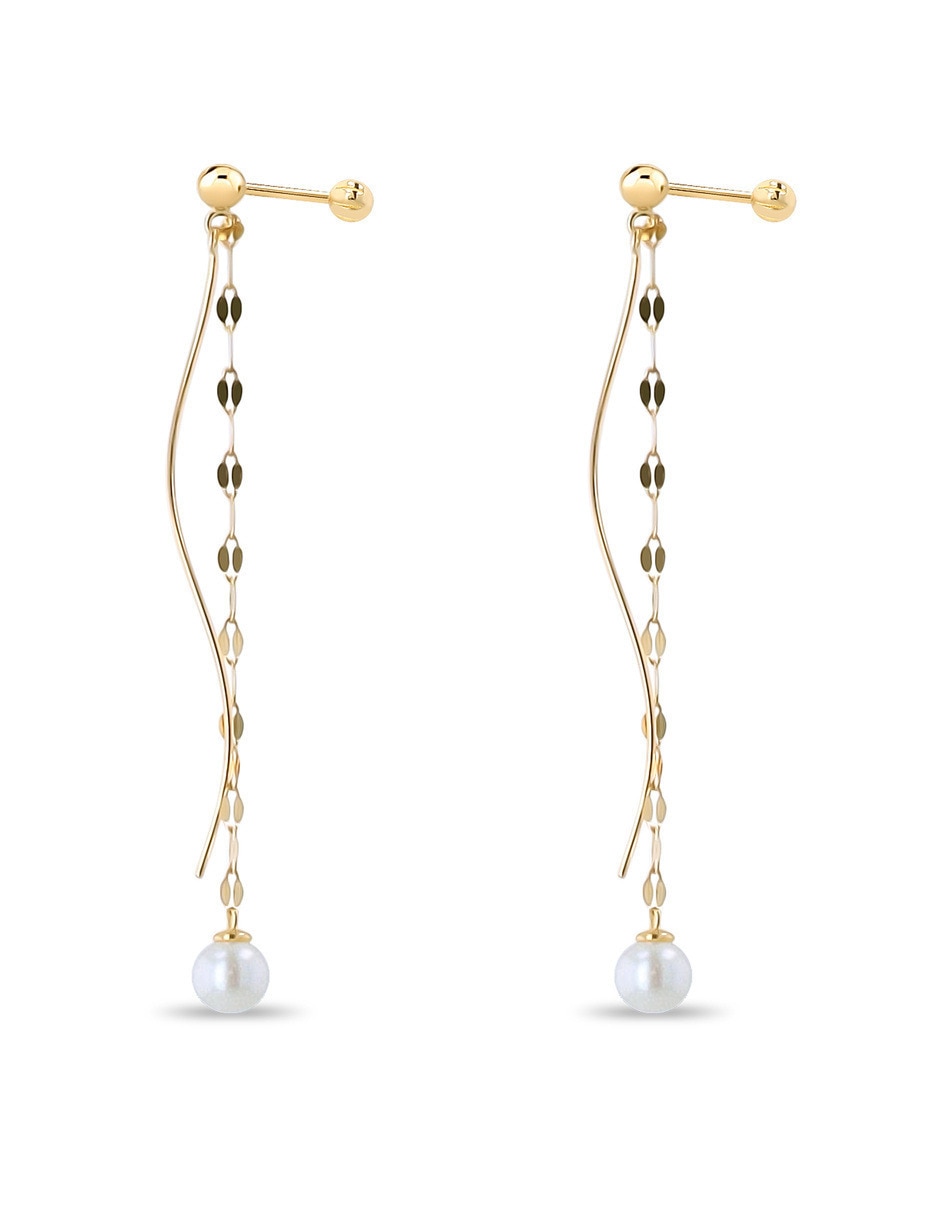 Aretes largos de perla de oro 10 K con acabado brillante 4