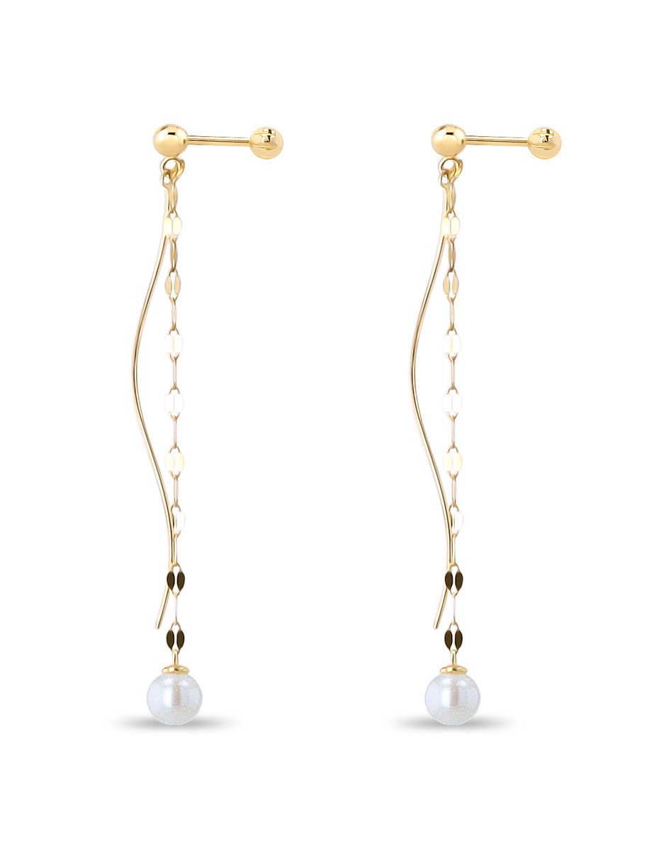Aretes largos de perla de oro 10 K con acabado brillante 2