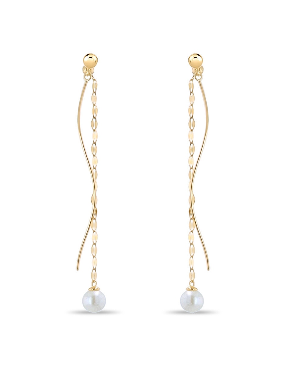 Aretes largos de perla de oro 10 K con acabado brillante Aretes largos de perla de oro 10 K con acabado brillante