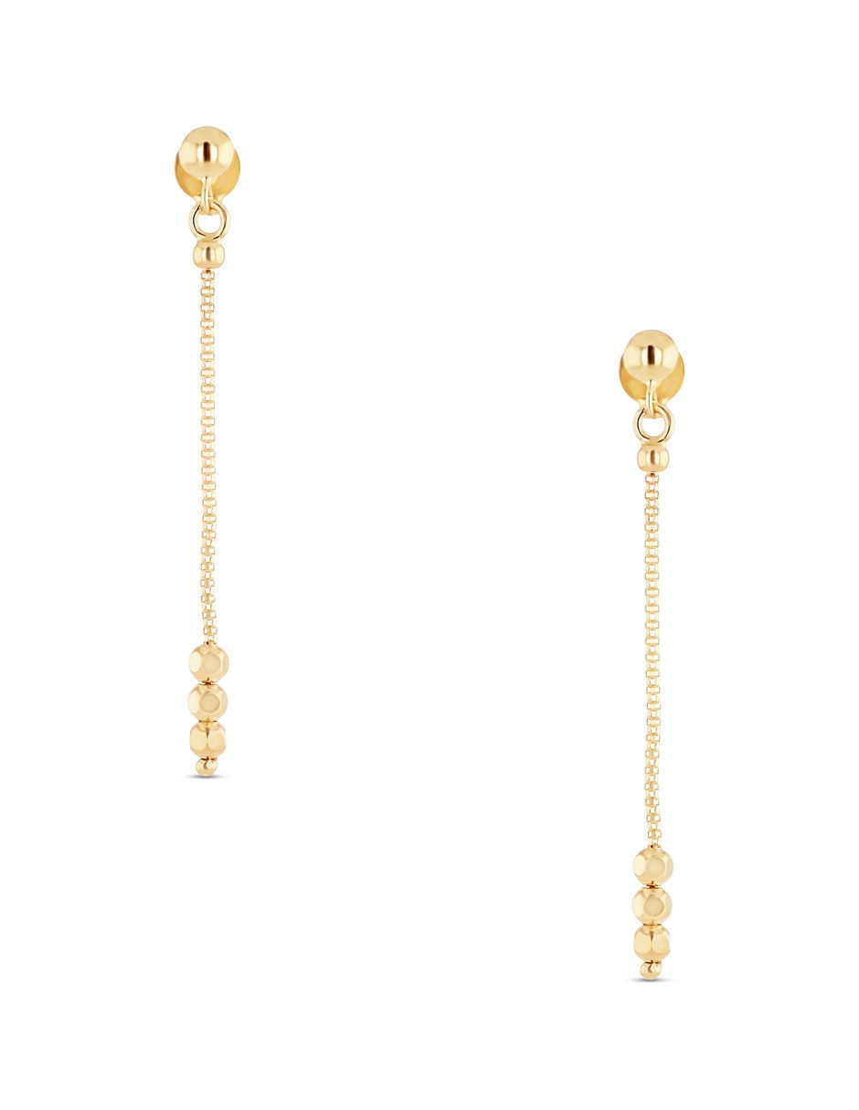 Aretes largos de esferas de oro rosa 14 K con acabado brillante 1