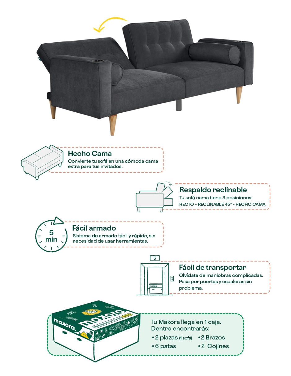 Sofá cama armable Merlak con soft foam Makora de Velvet