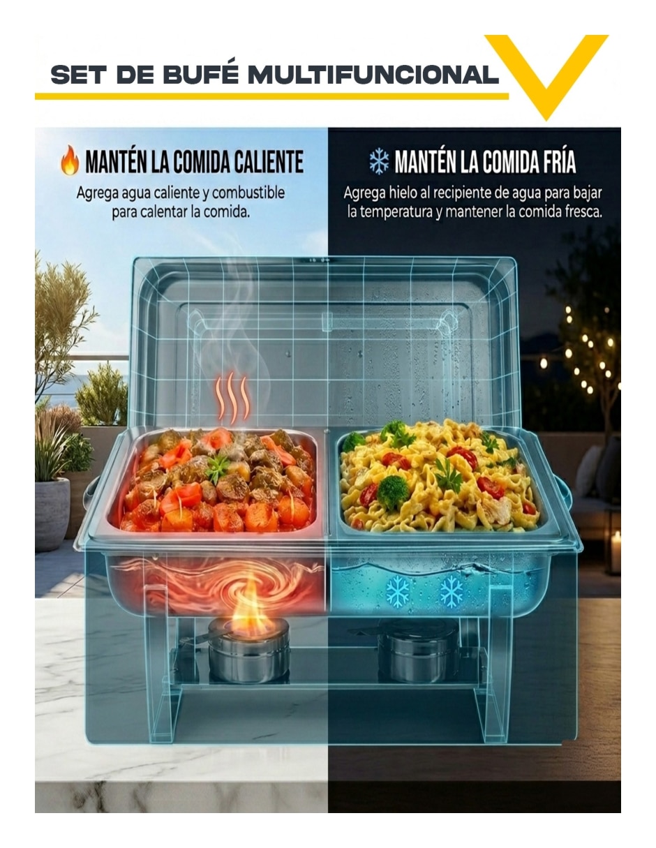 Kit/Chafer bufetera de Acero inoxidable Bufetera 4 compartimento/compartimentos 7