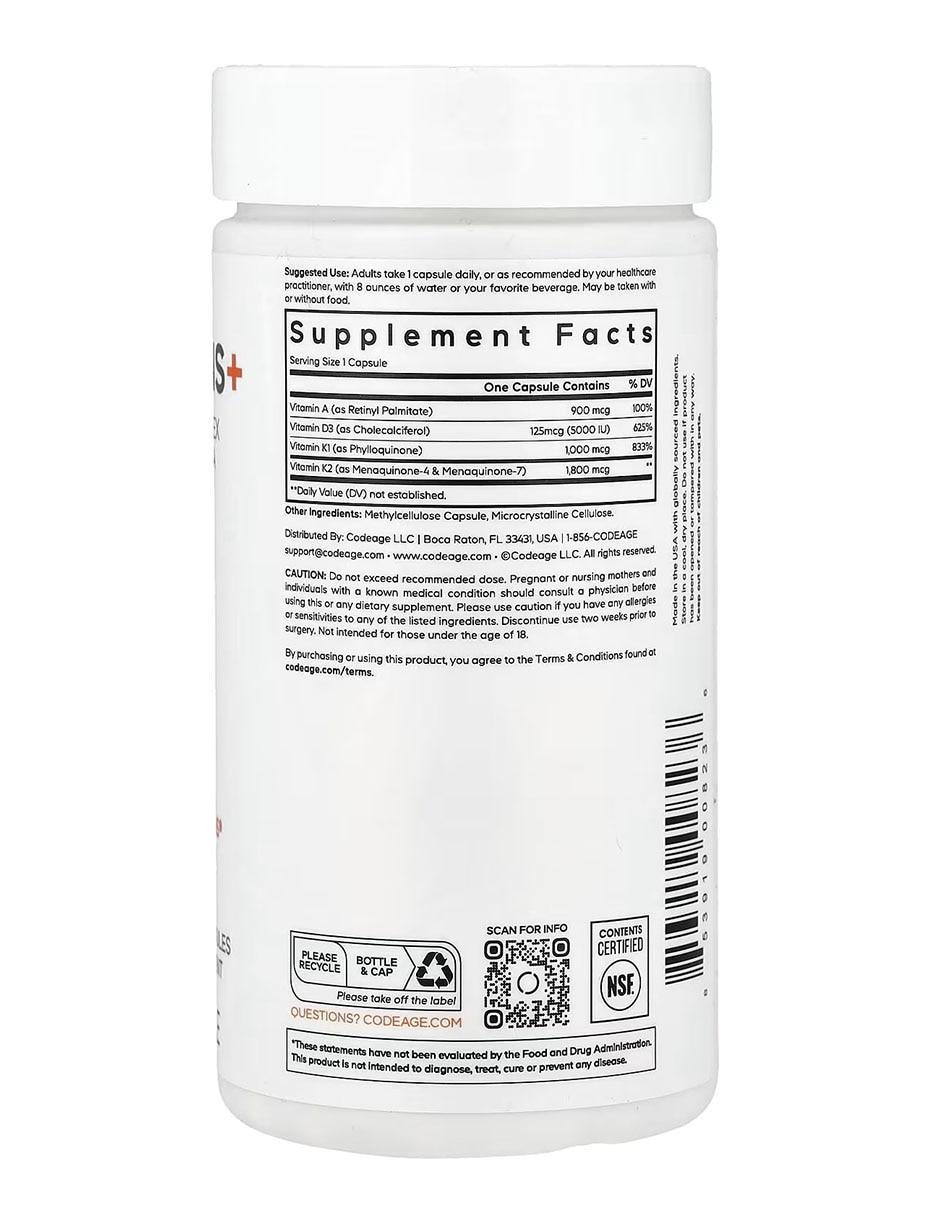 Vitaminas a d k+ 180 cápsulas codeage con vitamina d de