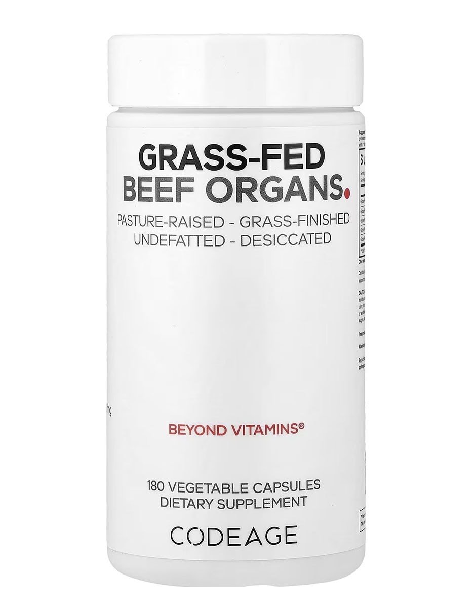 Órganos de res alimentada con pasto Codeage con vitaminas y minerales de 180 cápsulas