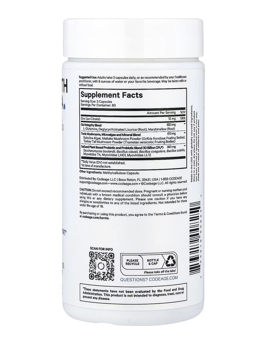 Fórmula para la salud intestinal 180 cápsulas codeage con citrato de zinc de
