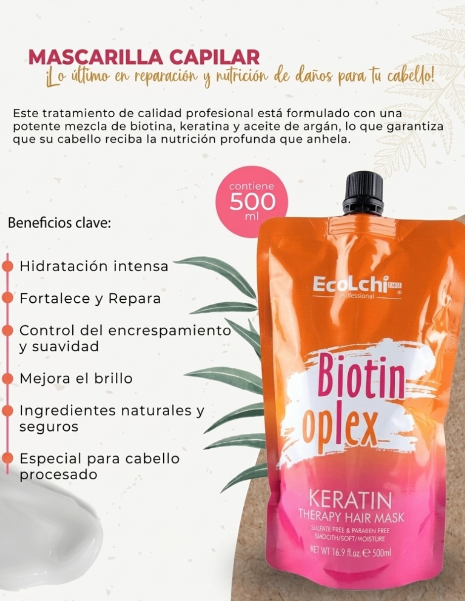 Mascarilla para cabello Ecolchi Biotin Oplex Keratina para antifrizz 500 ml 2
