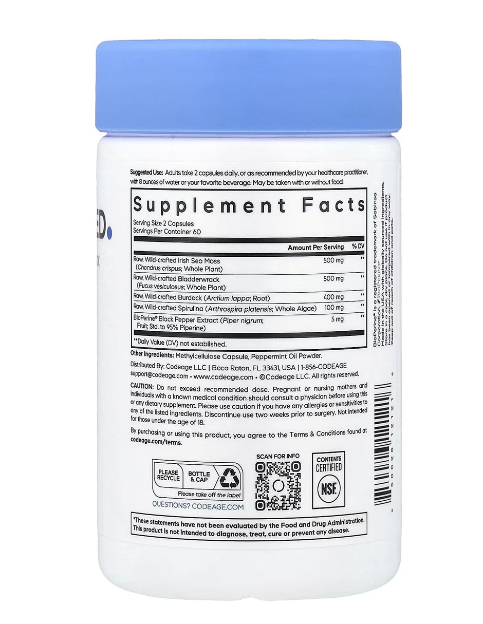 Musgo marino recolectado en estado silvestre 120 cápsulas codeage con alga espirulina