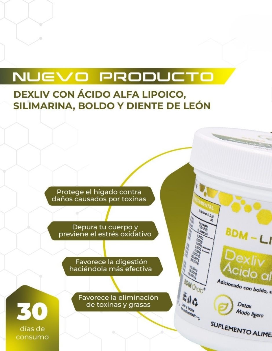 Dexliv ácido alfa lipoico bdm life 120 cápsulas apoyo hepático y antioxidante bdm lab con glutation y ácido alfa lipoico  de