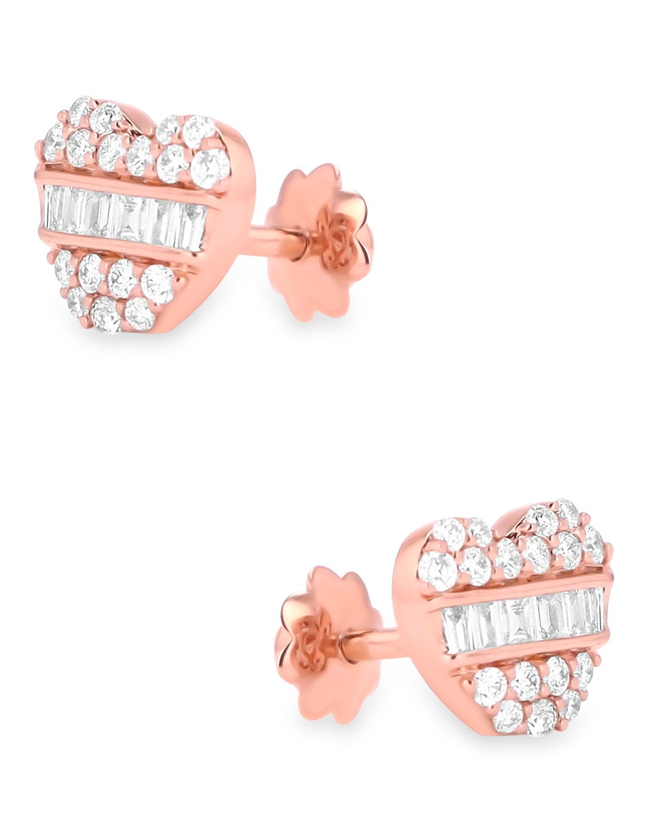 Aretes cortos de corazón de oro rosa 14 k con acabado brillante diamante 3