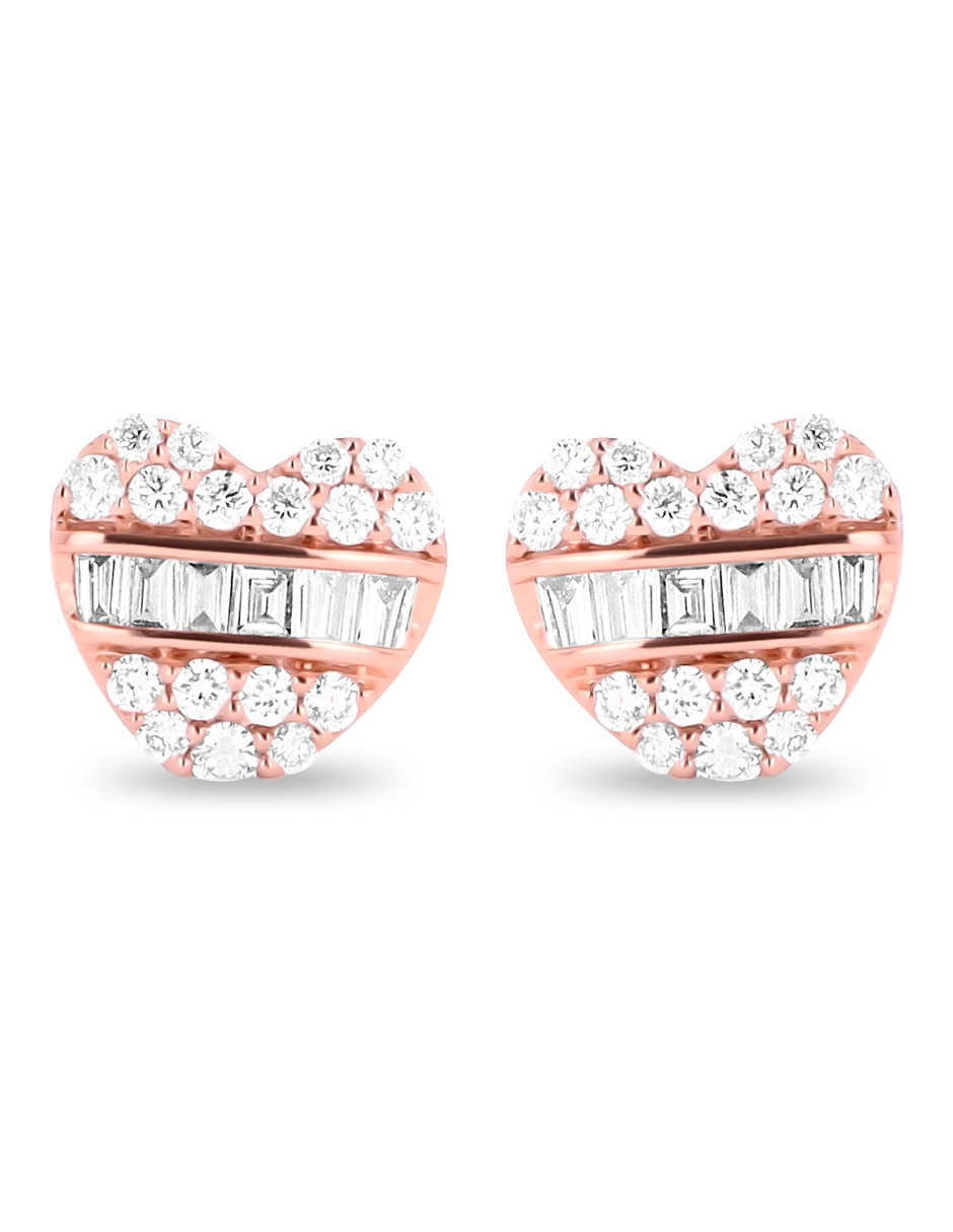 Aretes cortos de corazón de oro rosa 14 k con acabado brillante diamante