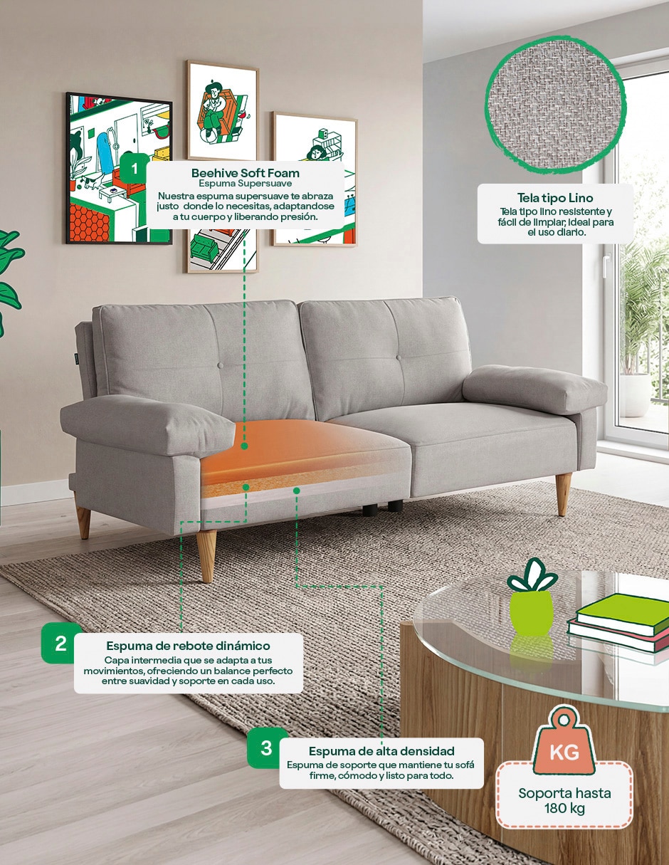 Sofa cama armable Yarvis con soft foam Makora de lino
