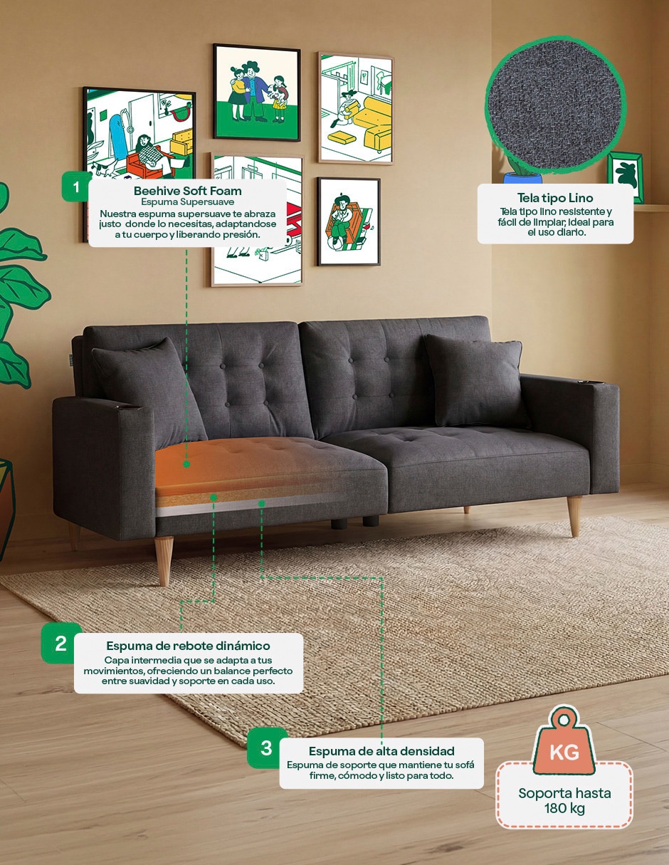 Sofá cama maxim con soft foam Makora de lino