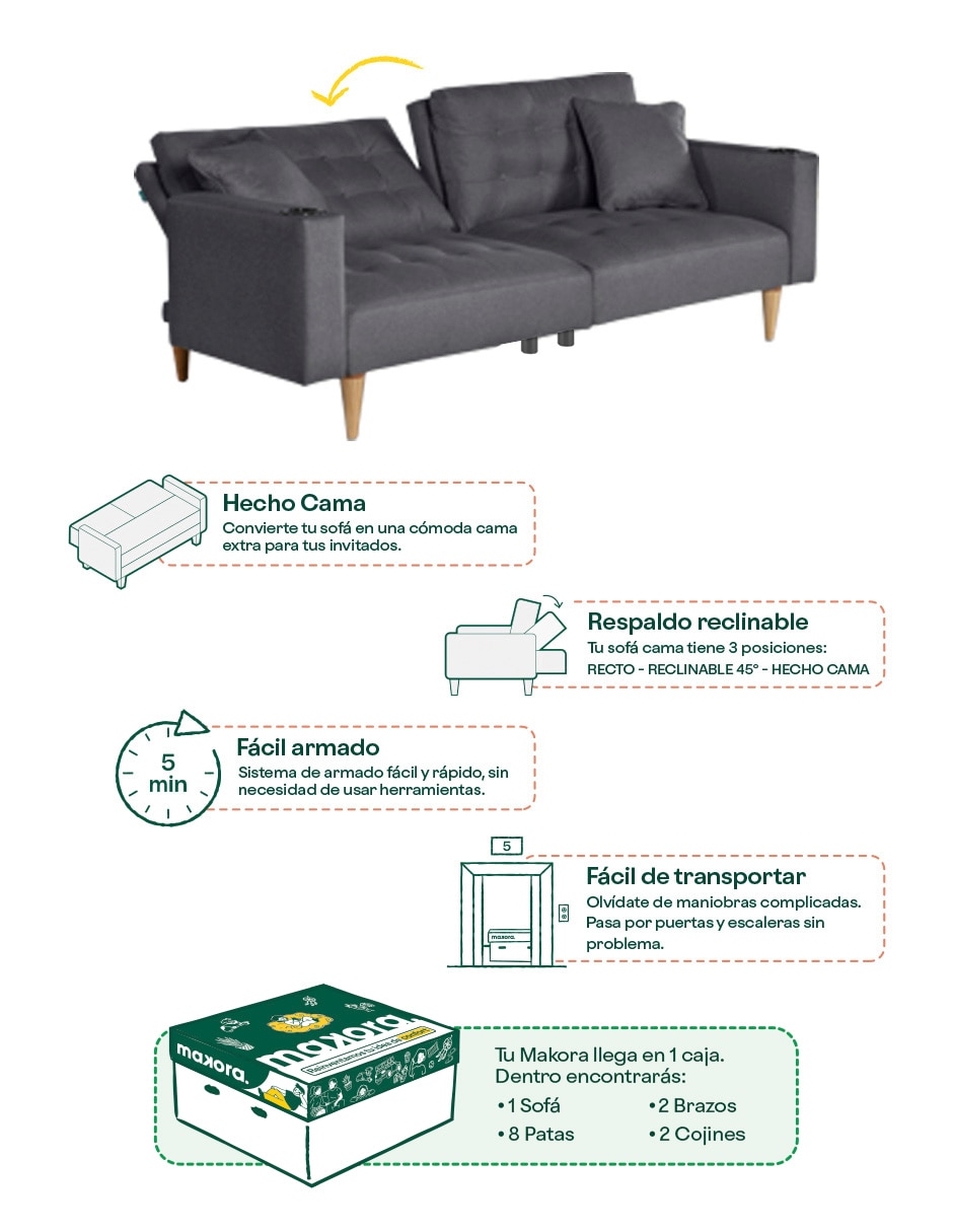 Sofá cama maxim con soft foam Makora de lino