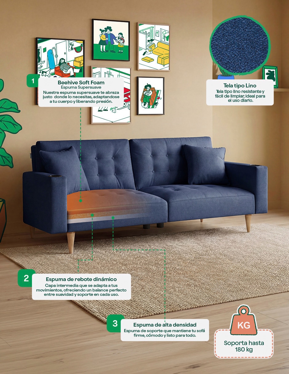Sofá cama maxim con soft foam de lino 8
