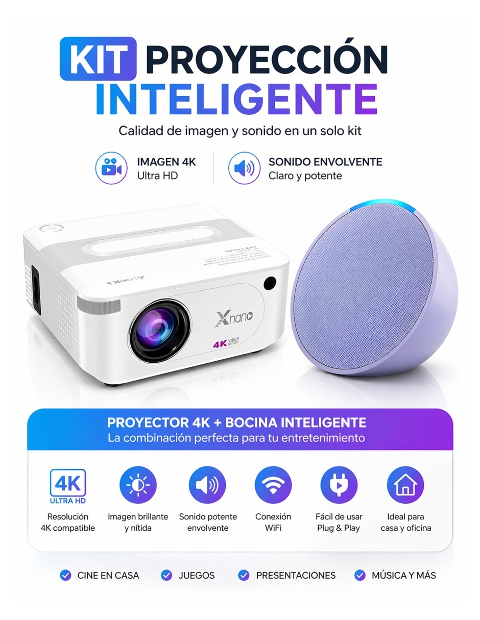 Proyector Kit alexa lila + proyector mini 4k No aplica
