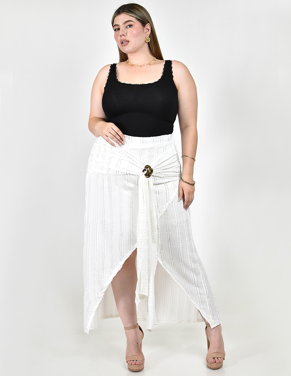 Falda midi roman fashion y elastano a la cintura alta