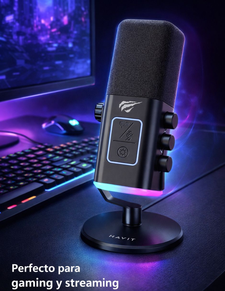 Micrófono gamer Havit Micrófono Gamer GK71, Luz RGB, Cancelación de ruido y tecla de silencio táctil alámbrica
