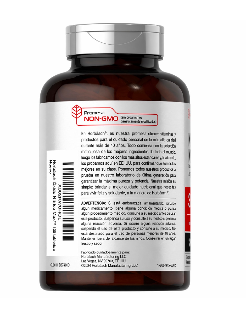 Suplementos alimenticios Oxido Nítrico Max Horbaach con arginina