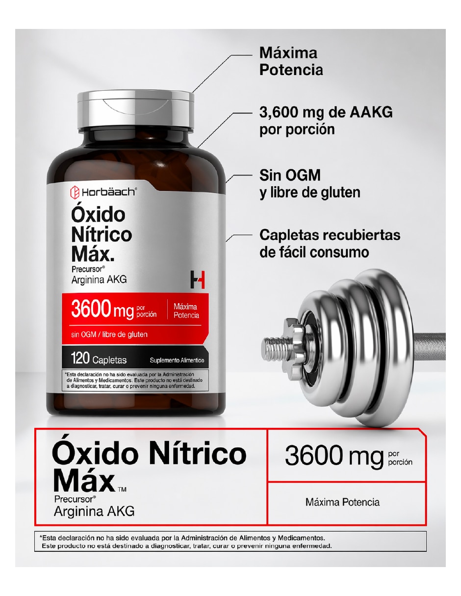 Suplementos alimenticios Oxido Nítrico Max Horbaach con arginina