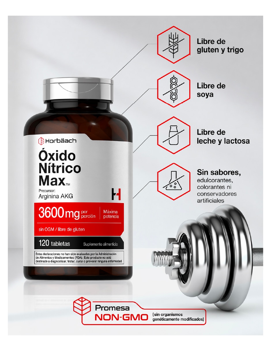 Suplementos alimenticios Oxido Nítrico Max Horbaach con arginina