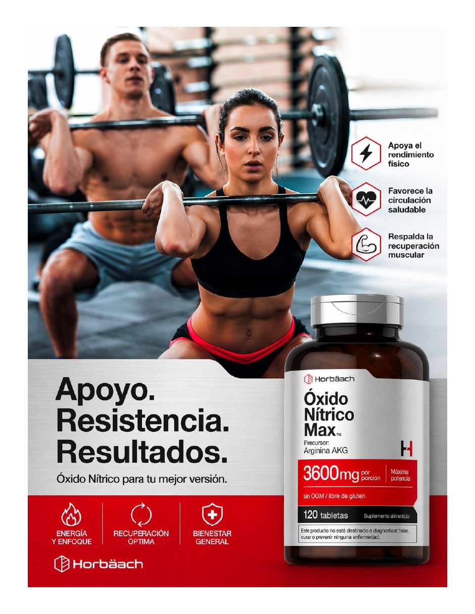 Suplementos alimenticios Oxido Nítrico Max Horbaach con arginina