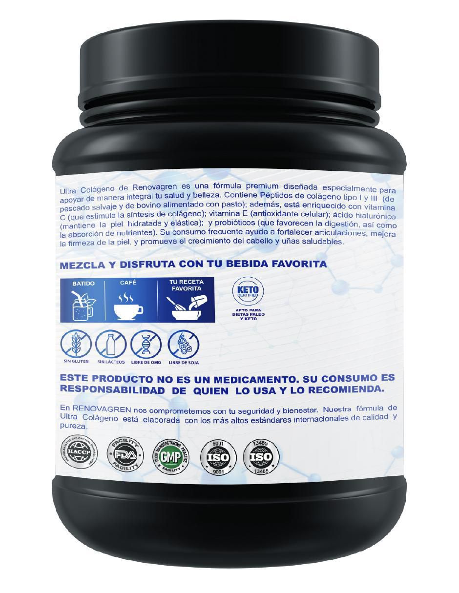 Colágeno hidrolizado ultra colágeno renovagren con colágeno hidrolizado tipo i II y III ácido hialurónico probióticos vitamina c y e de 500 g