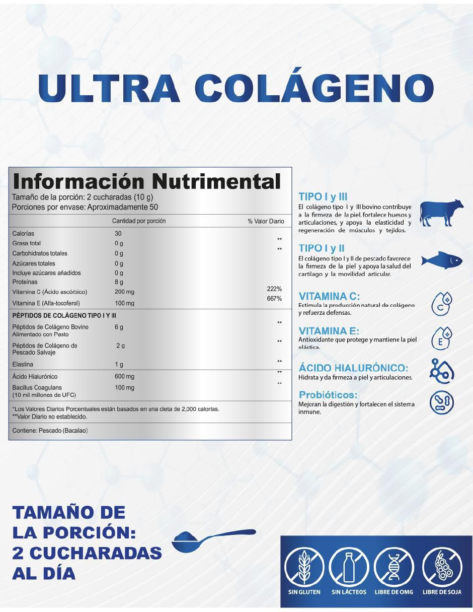 Colágeno hidrolizado ultra colágeno renovagren con colágeno hidrolizado tipo i II y III ácido hialurónico probióticos vitamina c y e de 500 g