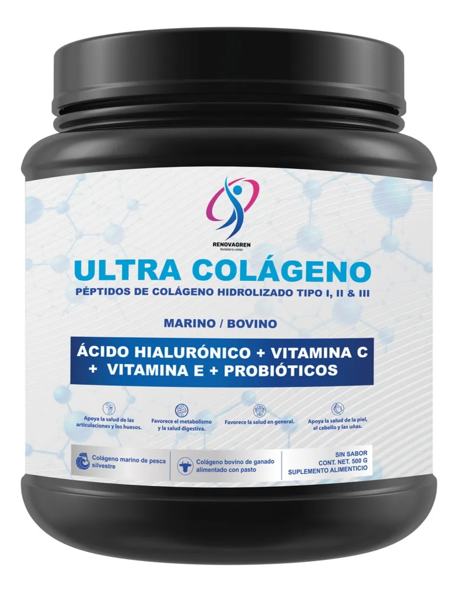 Colágeno hidrolizado ultra colágeno con colágeno hidrolizado tipo i II y III ácido hialurónico probióticos vitamina c y e de 500 g