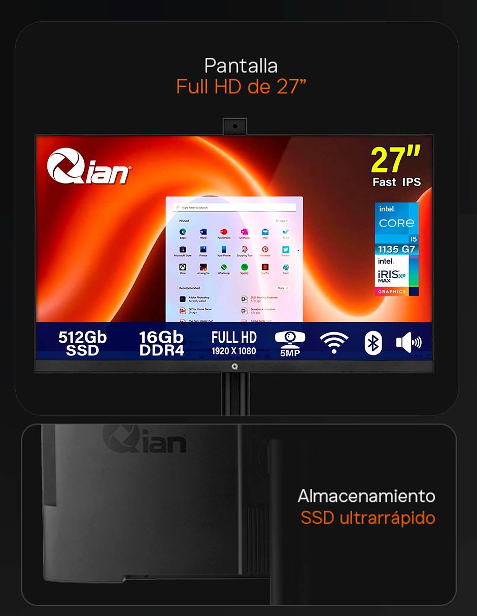 Computadora All In One Helios 27 QZI-275T15-MK 27 pulgadas Full HD Intel Core i5 Intel Iris XE 16 GB RAM 512 GB SSD 9