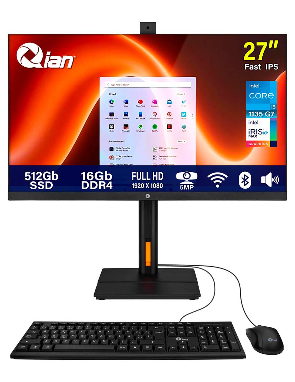QIAN Computadora Qian All In One Helios 27 QZI-275T15-MK 27 pulgadas Full HD Intel Core i5 Intel Iris XE 16 GB RAM 512 GB SSD