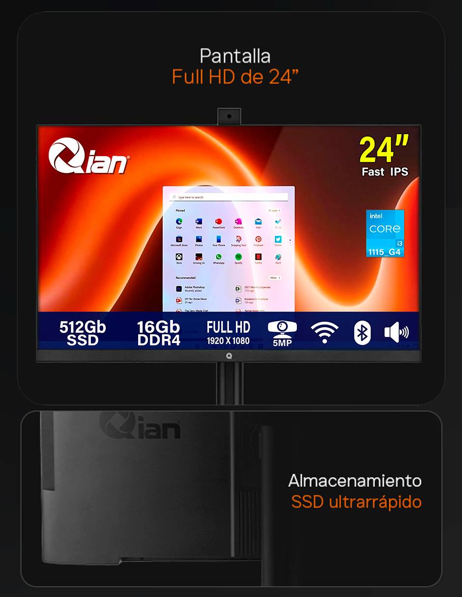 Computadora all in one all in one helios 24 qzi-243t15-mk 23.8 pulgadas full hd intel core i3 intel uhd 16 gb ram 512 gb SSD 3
