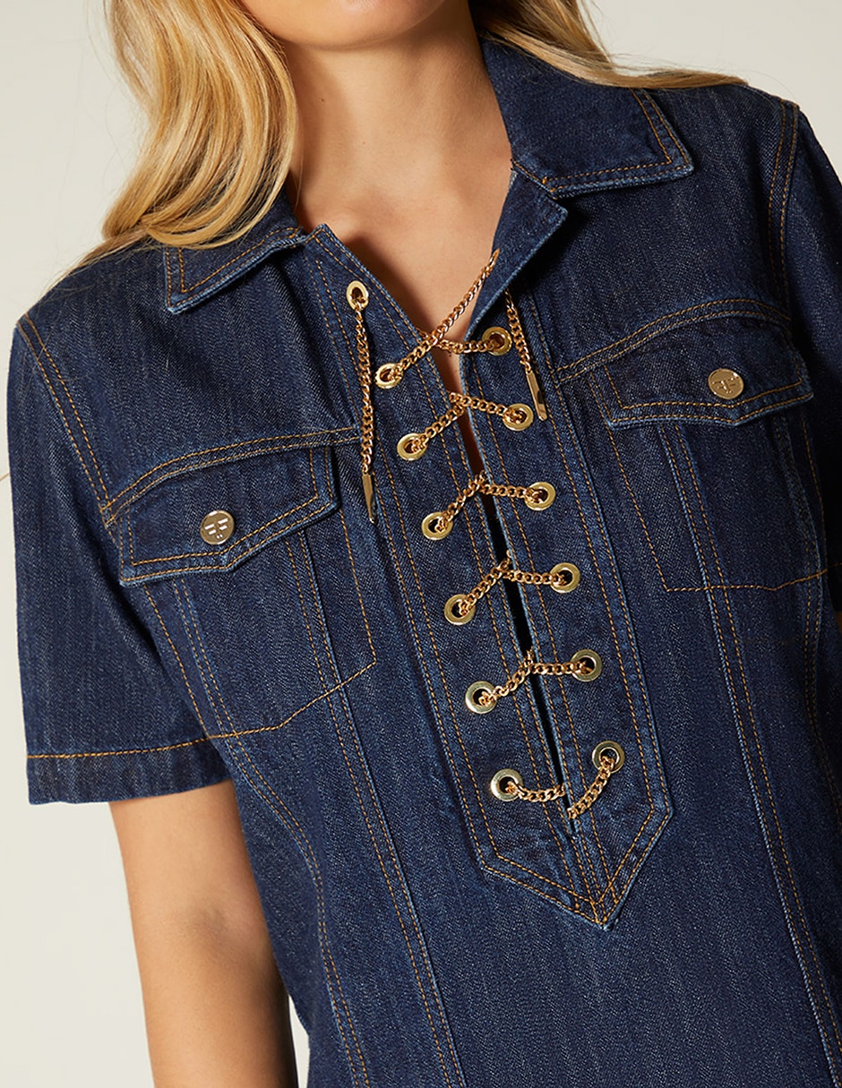 Vestido camisero corto casual denim luxury chain para mujer 4