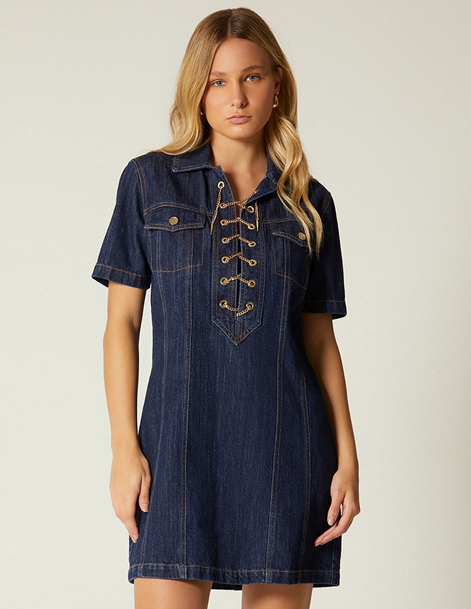 Vestido camisero corto casual denim luxury chain para mujer Vestido camisero corto casual denim luxury chain para mujer