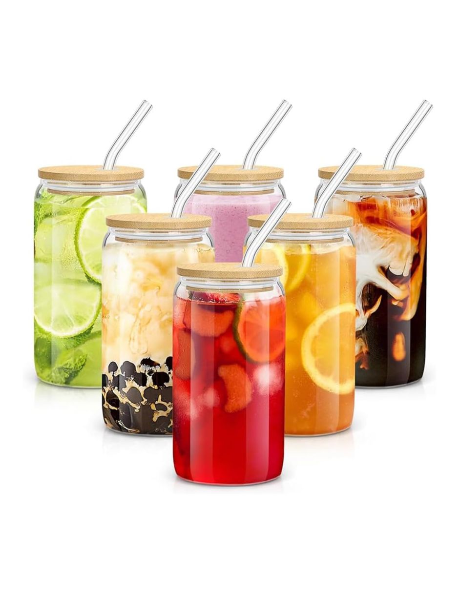 Set de vasos con tapa y popote Selectshop HG183C32 de vidrio con 6 piezas