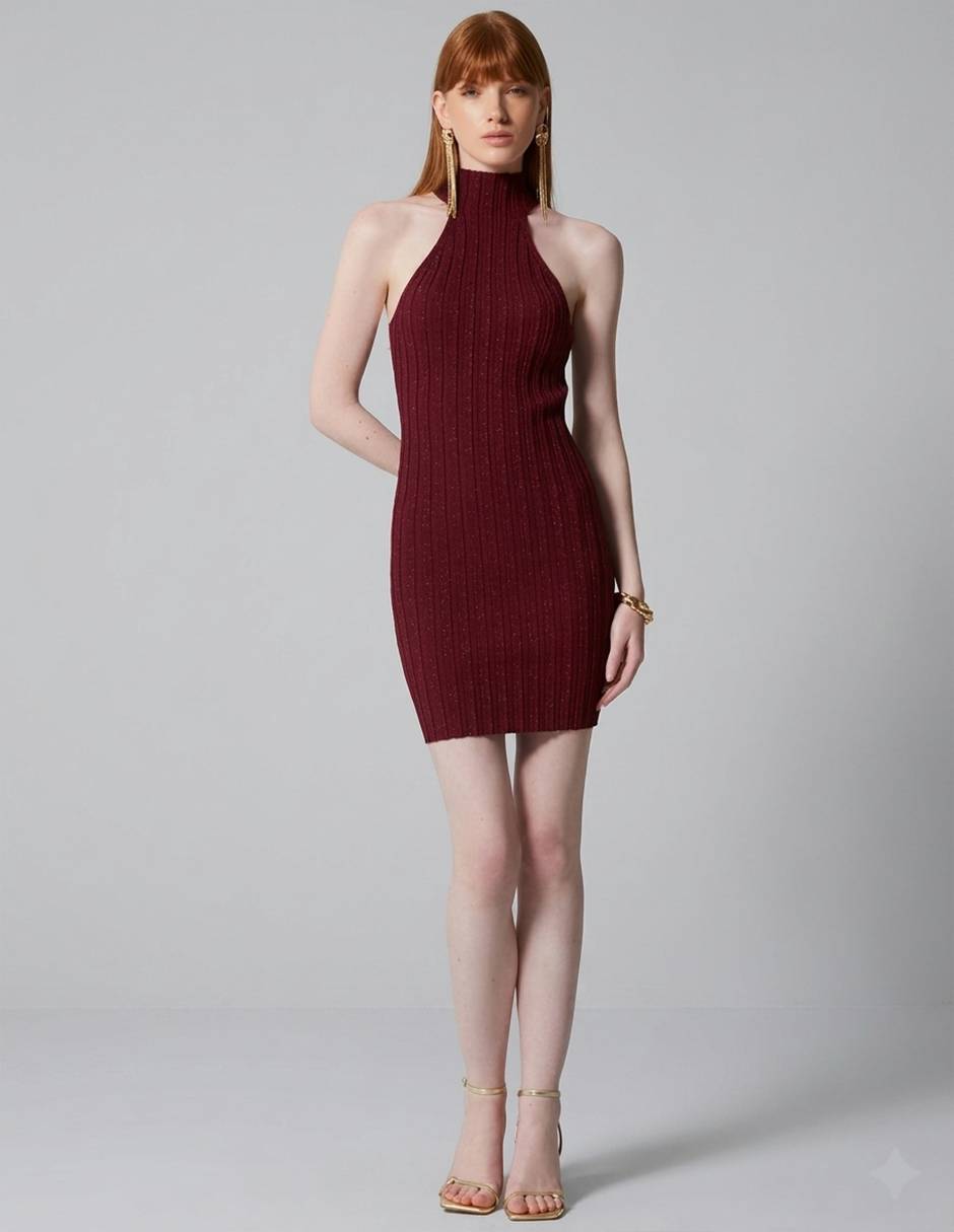 Vestido tipo suéter corto cocktail burgandy style para mujer