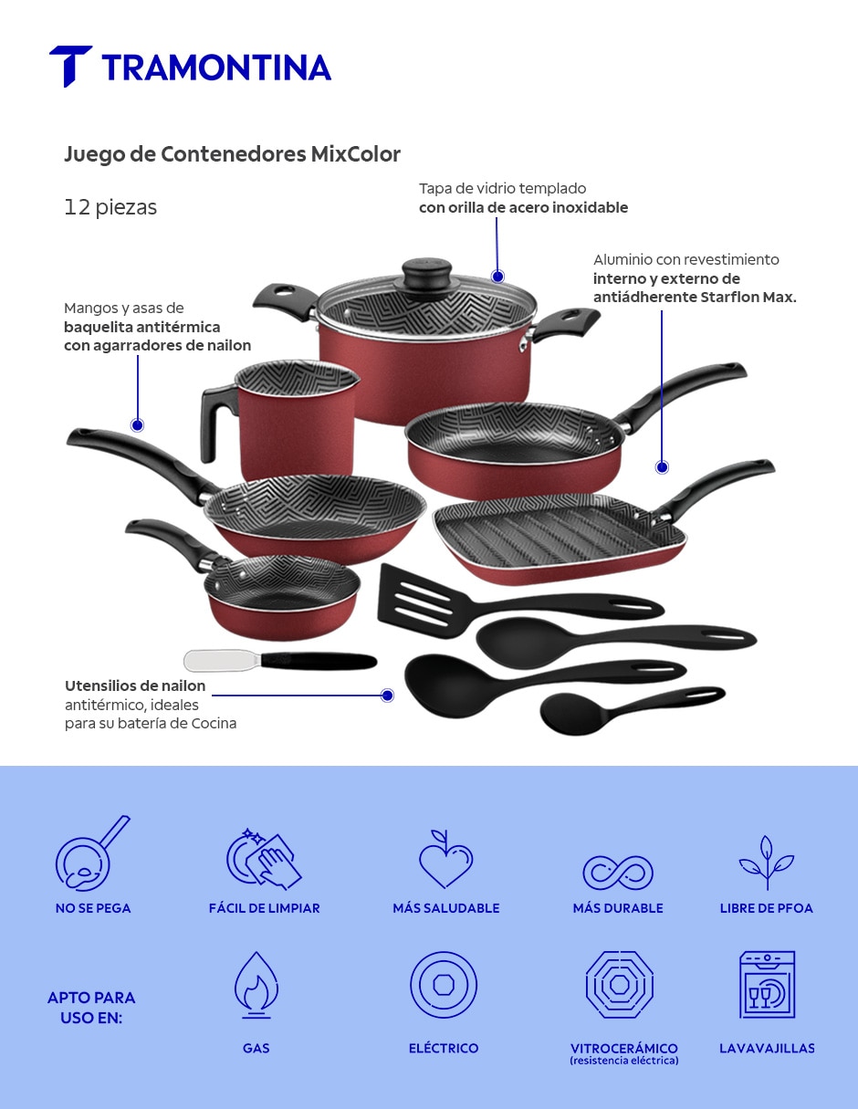 Batería de cocina Tramontina 27899700 de aluminio antiadherente Starflon Max 12 piezas