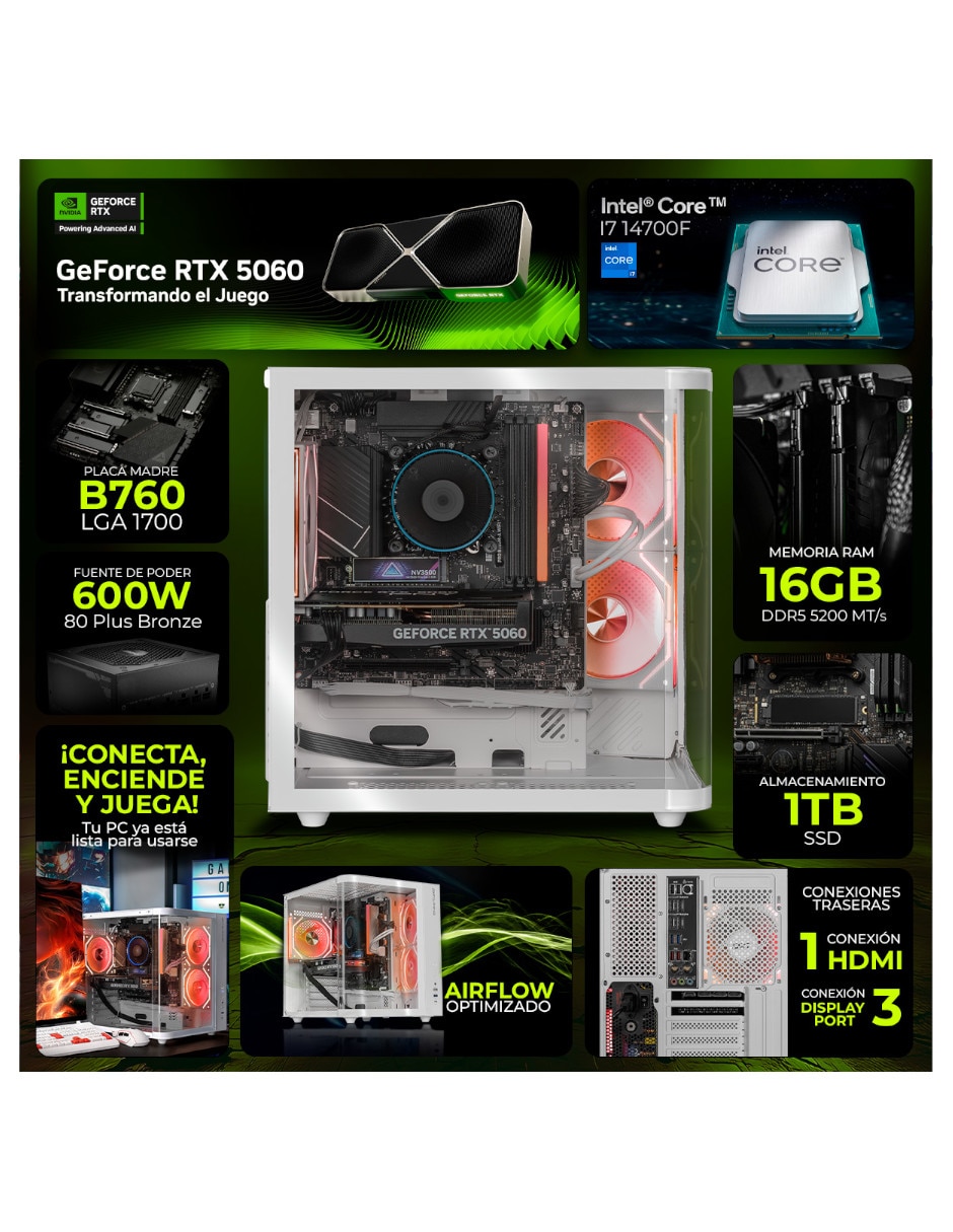 Computadora gamer DTX Gaming DXTI716GB55060MTPW 27 pulgadas Full HD Intel Core i7 NVIDIA GeForce RTX 5060 16 GB RAM 1 TB SSD