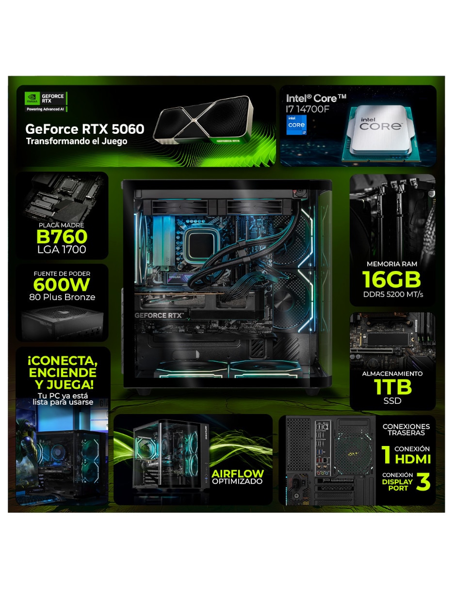 Computadora gamer DXT Gaming DXTI716GB55060TPB Intel Core i7 NVIDIA GeForce RTX 5060 16 GB RAM 1 TB SSD