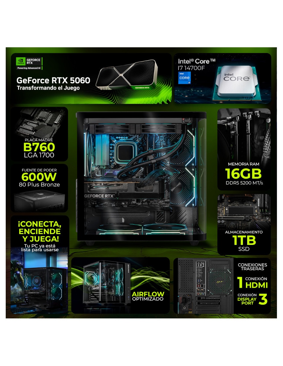 Computadora gamer DTX Gaming DXTI716GB55060MTPB 27 pulgadas Full HD Intel Core i7 NVIDIA GeForce RTX 5060 16 GB RAM 1 TB SSD