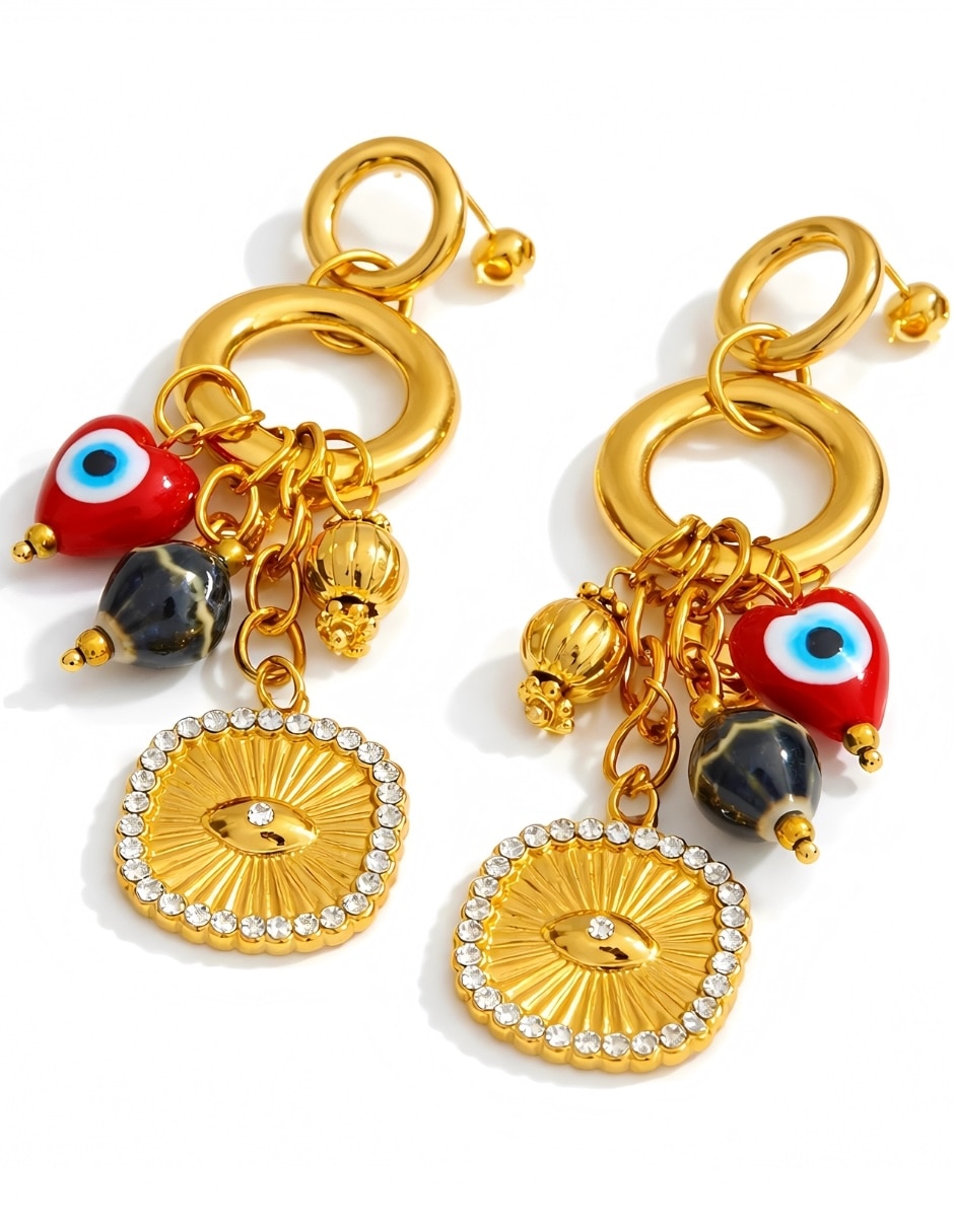 Aretes largos de ojo turco Yoiko Mystic baño de oro zirconia