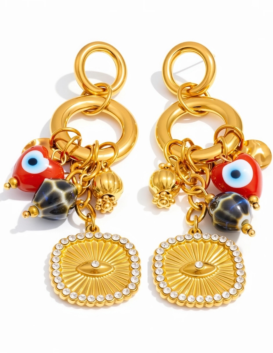 Aretes largos de ojo turco Yoiko Mystic baño de oro zirconia