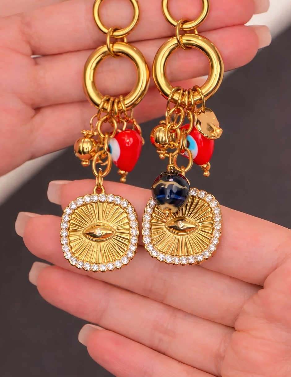Aretes largos de ojo turco Yoiko Mystic baño de oro zirconia