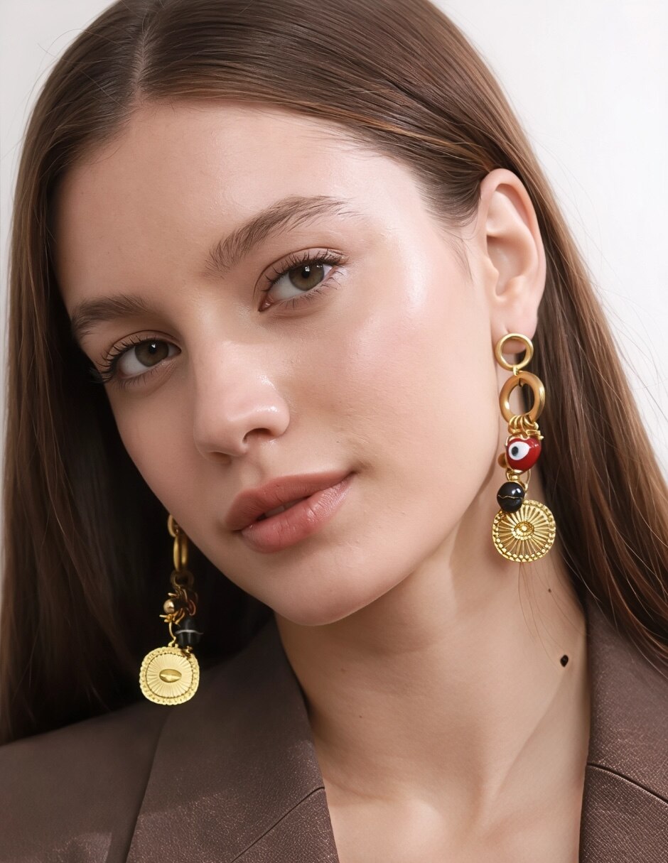 Aretes largos de ojo turco Yoiko Mystic baño de oro zirconia