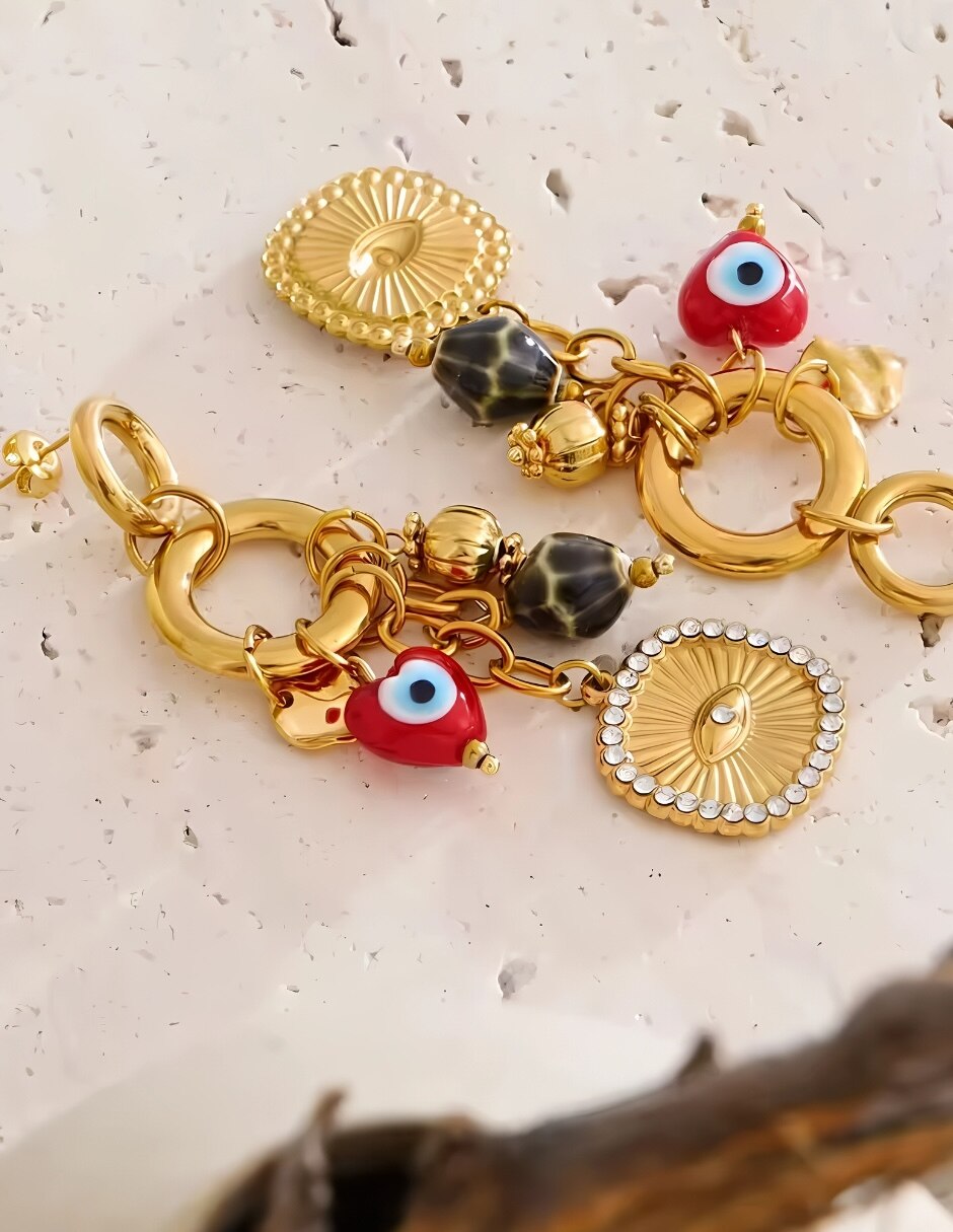 Aretes largos de ojo turco Yoiko Mystic baño de oro zirconia