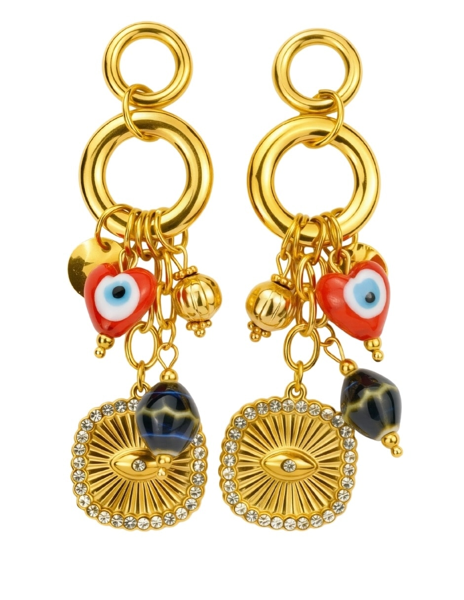 Aretes largos de ojo turco Yoiko Mystic baño de oro zirconia
